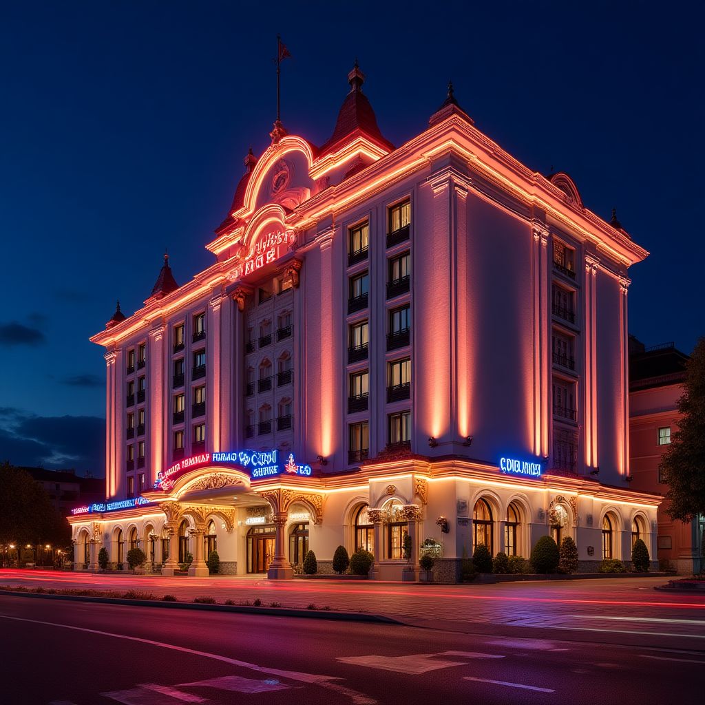 Exterior luxos al Hotel Casino Royal în noapte